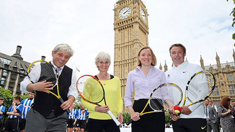 Judy Murray, Graeme Le Saux and a host of Parliamentarians holding tennis rackets in front of Big Ben