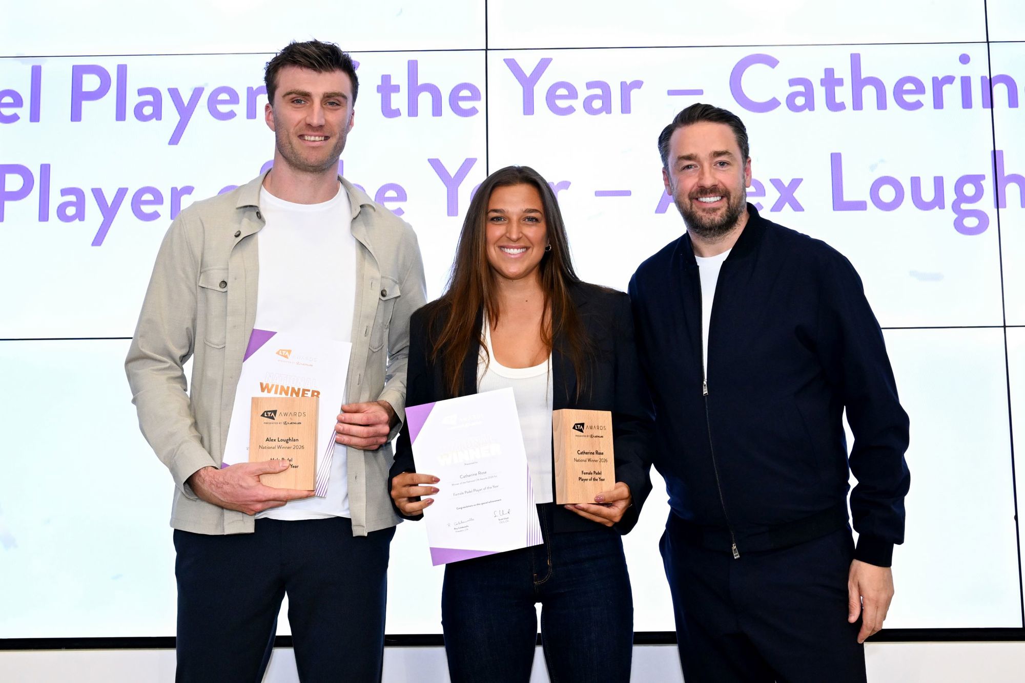 jason Manford posing with the two British Padel players of the year