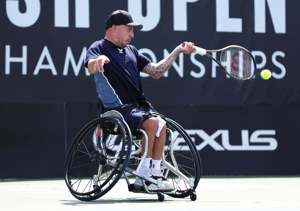 Andy Lapthorne hitting a forehand at the British Open