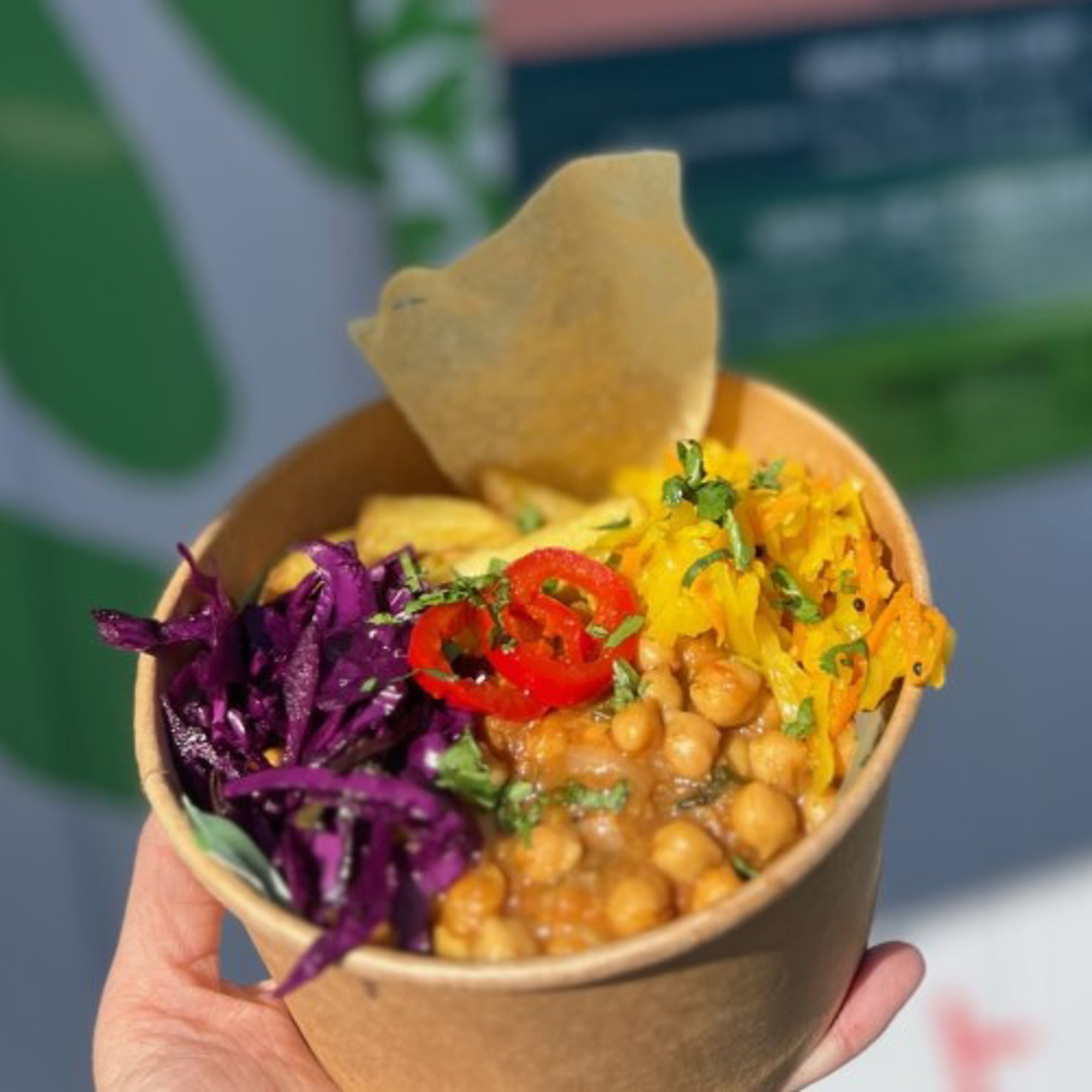 A chickpea curry in a takeaway box from the Lexus Birmingham Open