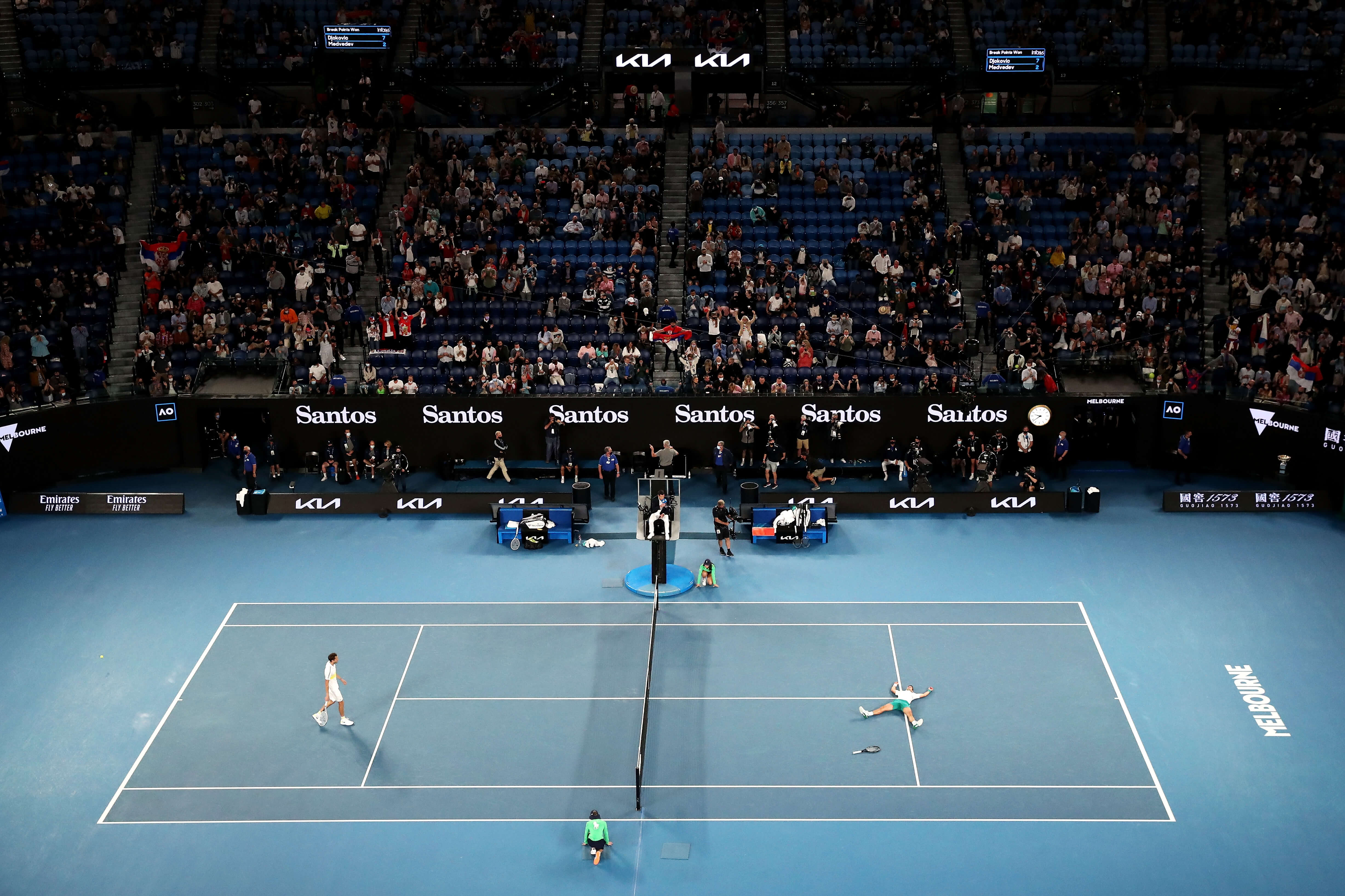 Novak Djokovic of Serbia celebrates winning Championship Point in his Men’s Singles Final match against Daniil Medvedev of Russia during day 14 of the 2021 Australian Open at Melbourne Park on February 21, 2021 