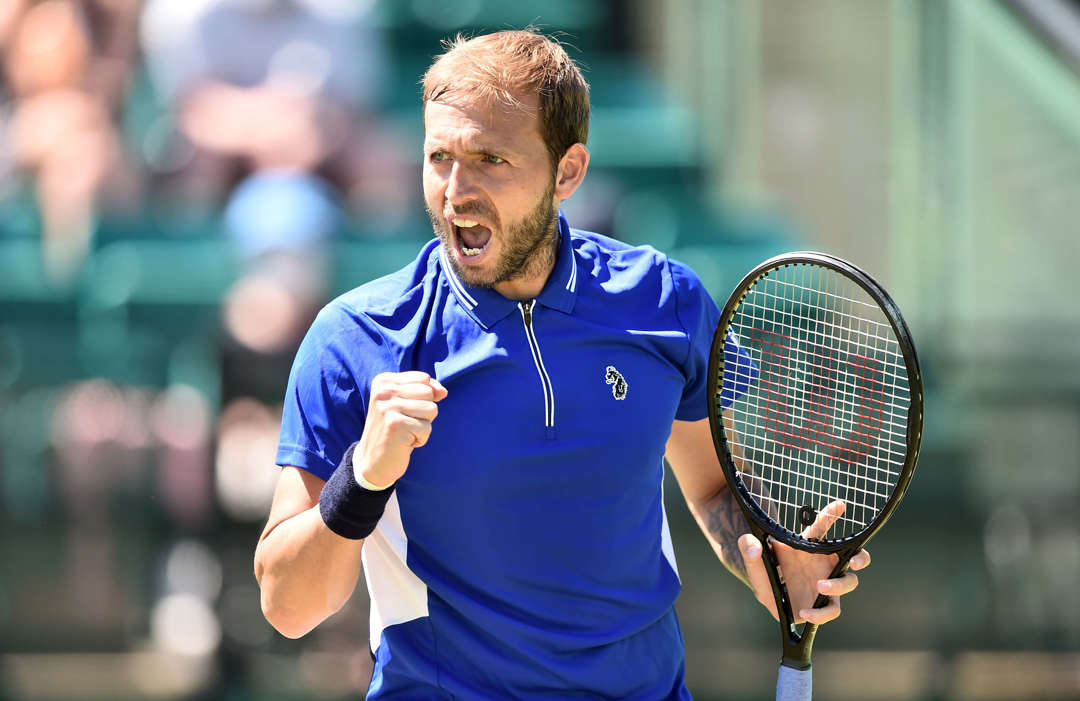 Daniel Evans of Great Britain celebrates after he wins a point against Matthew Ebden of Australia in the Mens Singles on day five of the Viking Open at Nottingham Tennis Centre on June 09, 2021