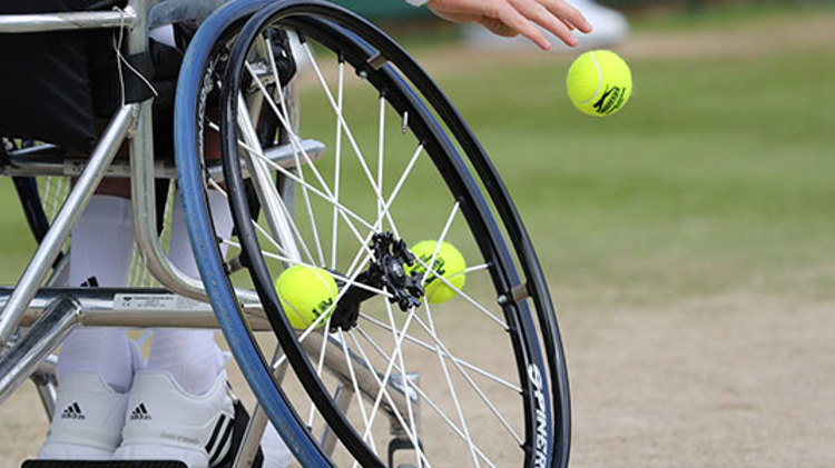 Wheelchair and tennis balls on grass