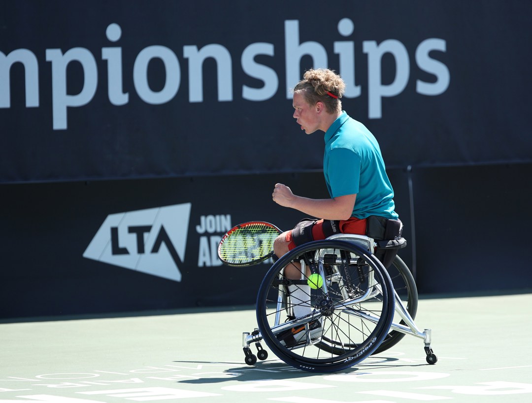 Ben Bartram celebrating winning a point during the finals of the Nottingham Futures men's singles tournament