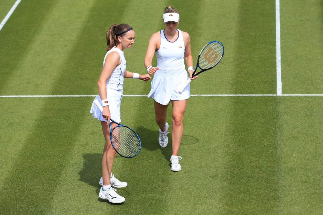 Alicia Barnett and Olivia Nicholls fist bump at the Rothesay Classic Birmingham