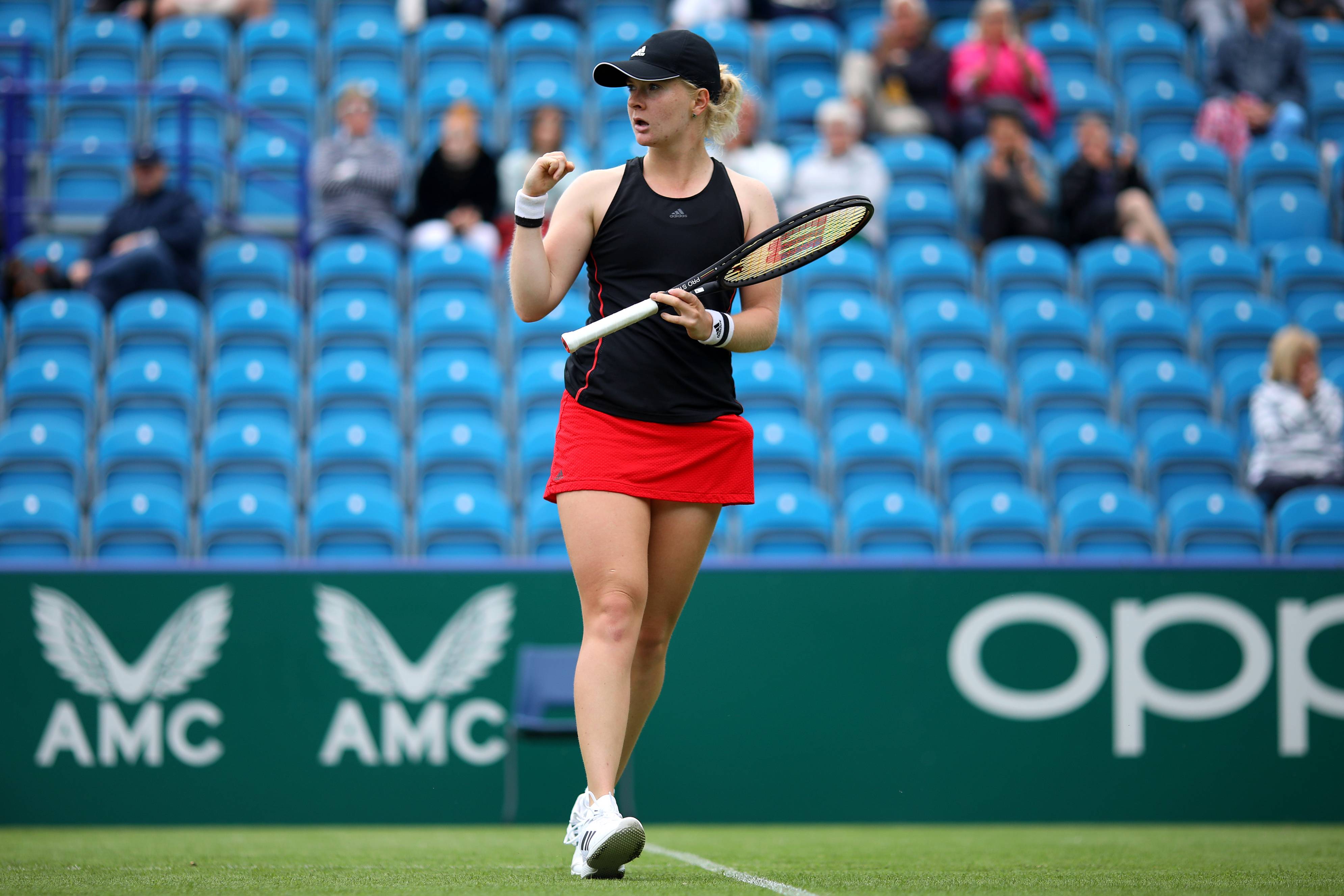 Fran Jones celebrating a point at the Eastbourne International