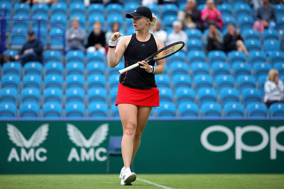 Fran Jones celebrating a point at the Eastbourne International