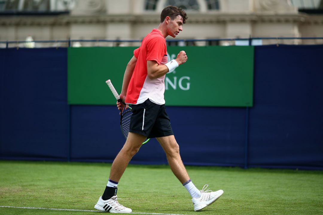 Alastair Gray celebrates winning a point at the Eastbourne International 2021