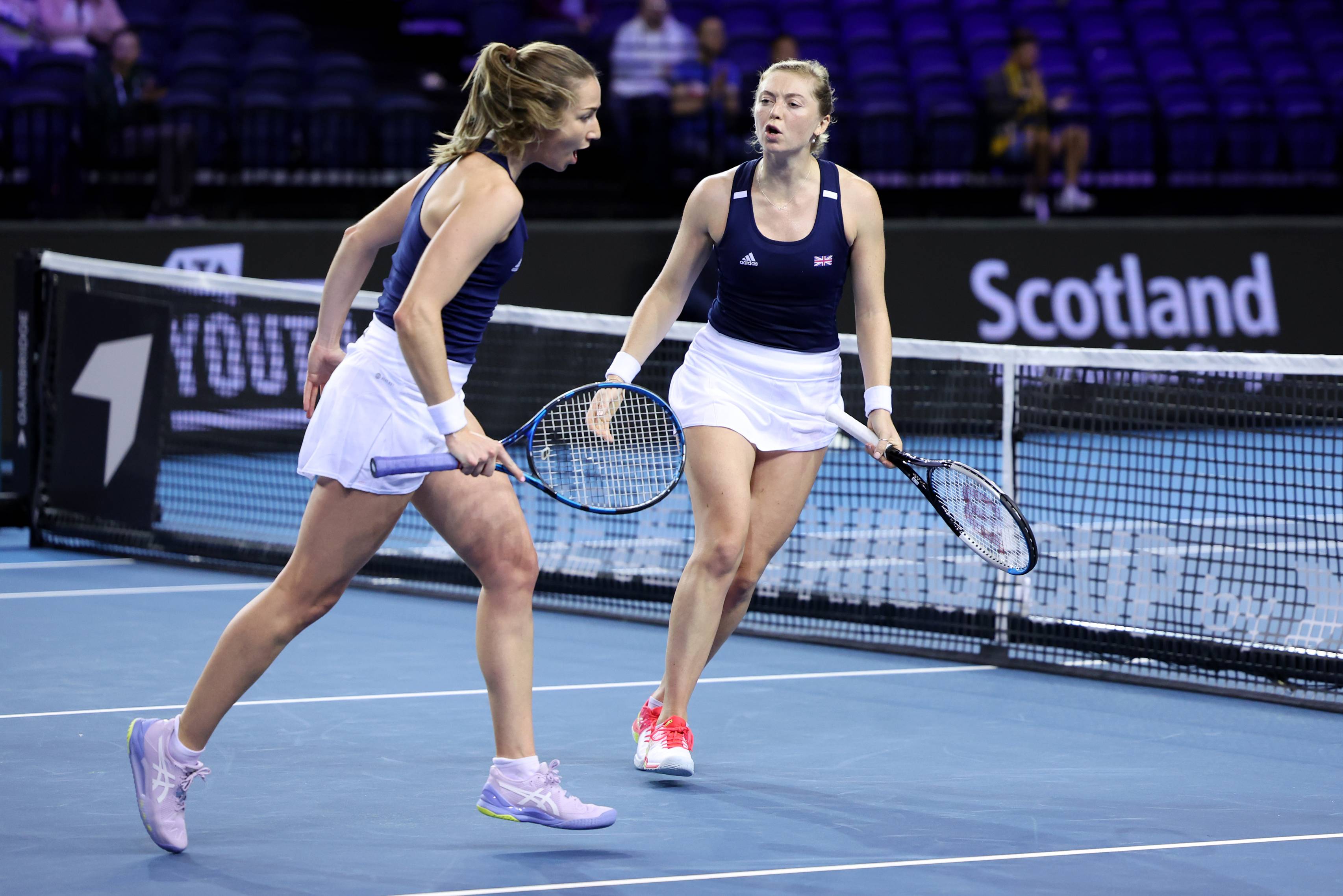 Olivia Nicholls and Alicia Barnett celebrating during their doubles rubber against Kazakhstan at the 2022 Billie Jean King Cup