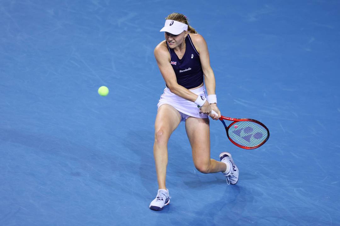 Harriet Dart in action during her singles rubber in Great Britain's semi-final tie against Australia at the 2022 Billie Jean King Cup