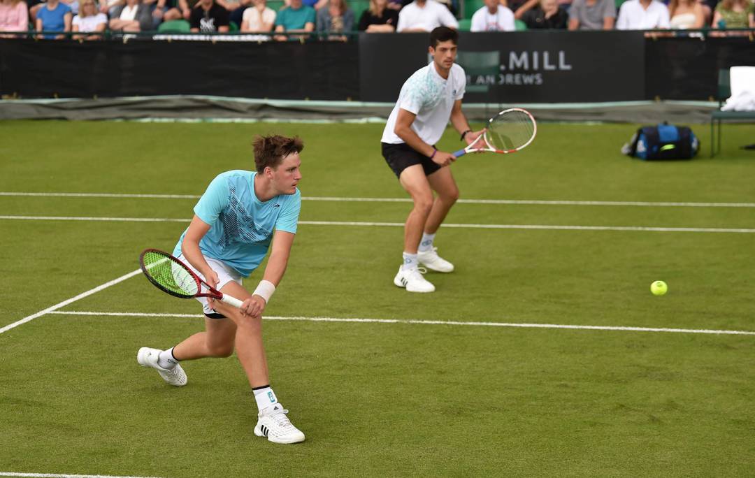 Henry Patten reacting during the men's doubles final of the 2022 Rothesay Open, Nottingham