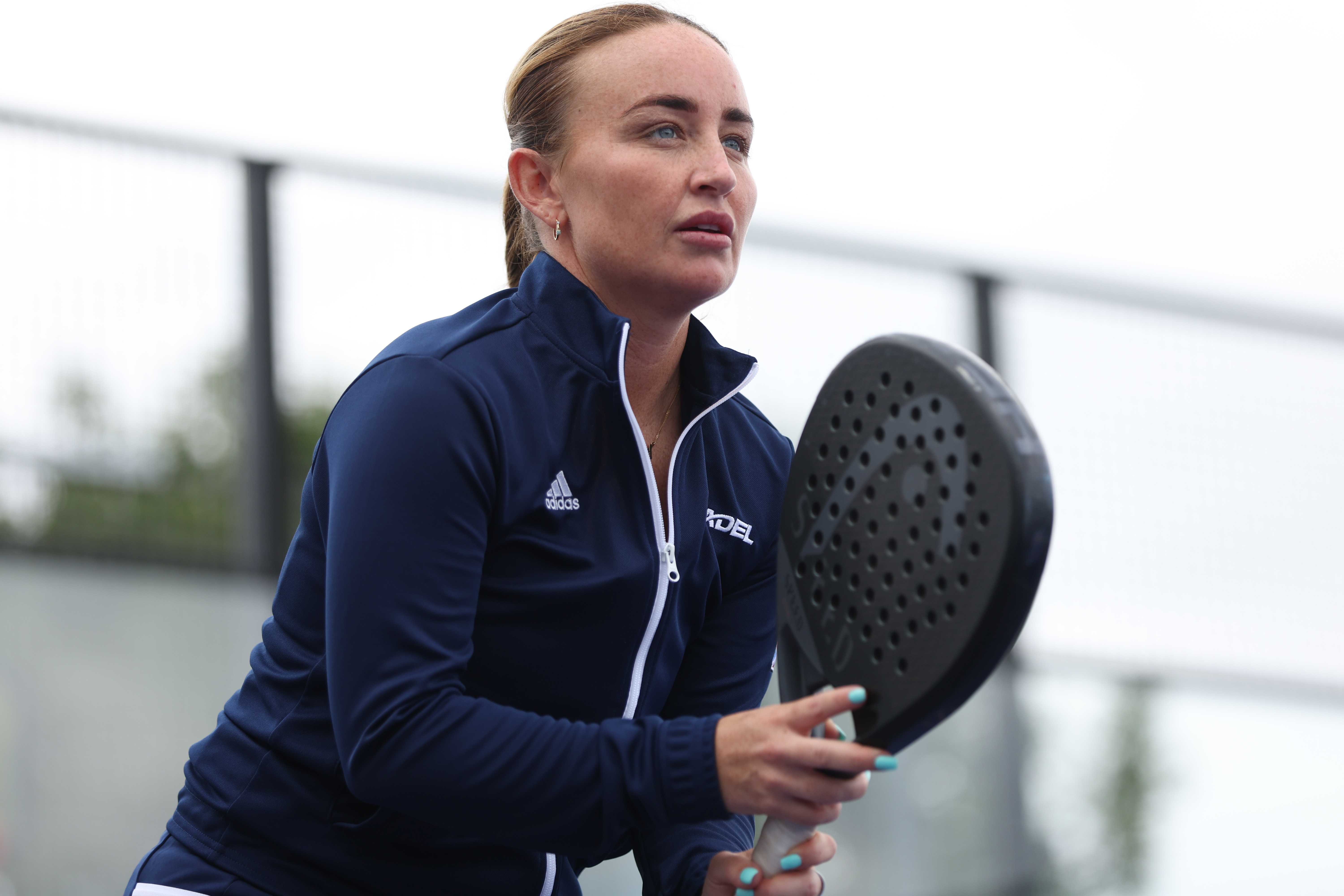 Great Britain's Aimee Gibson holding a padel racket on court waiting for a shot