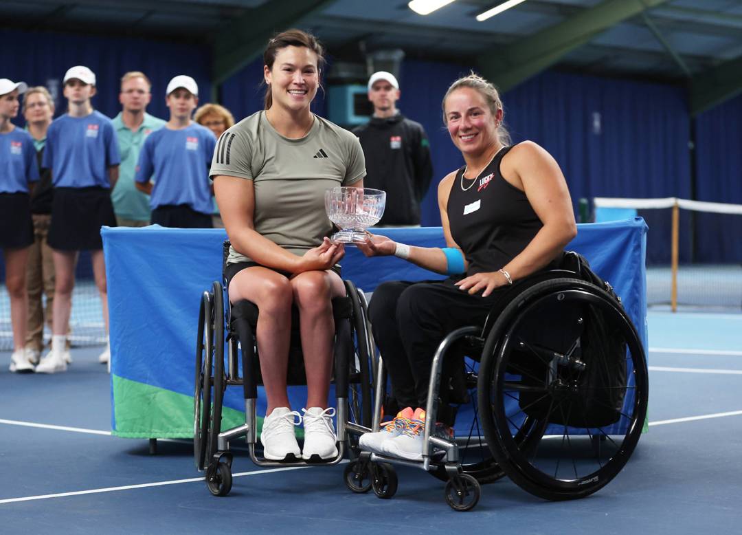 Dana Mathewson of United States and Lucy Shucker of Great Britain pose for a photo with the runners up trophy against Diede de Groot and Jiske Griffioen of Netherlands following the women's doubles final during the Lexus British Open Wheelchair Tennis Championships at Lexus Nottingham Tennis Centre on August 05, 2023 in Nottingham, England. 