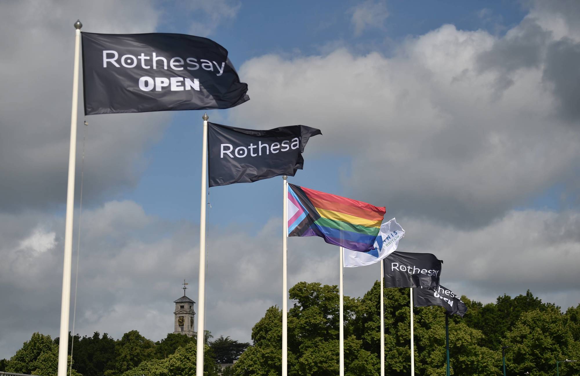 Detail view of the Rothesay and Rainbow flag during day seven of the Rothesay Open at Nottingham Tennis Centre on June 10, 2022 in Nottingham, England.