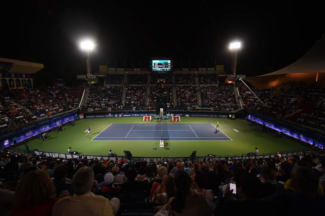 An image of a crowd looking onto court at the Dubai Duty Free Tennis Championships