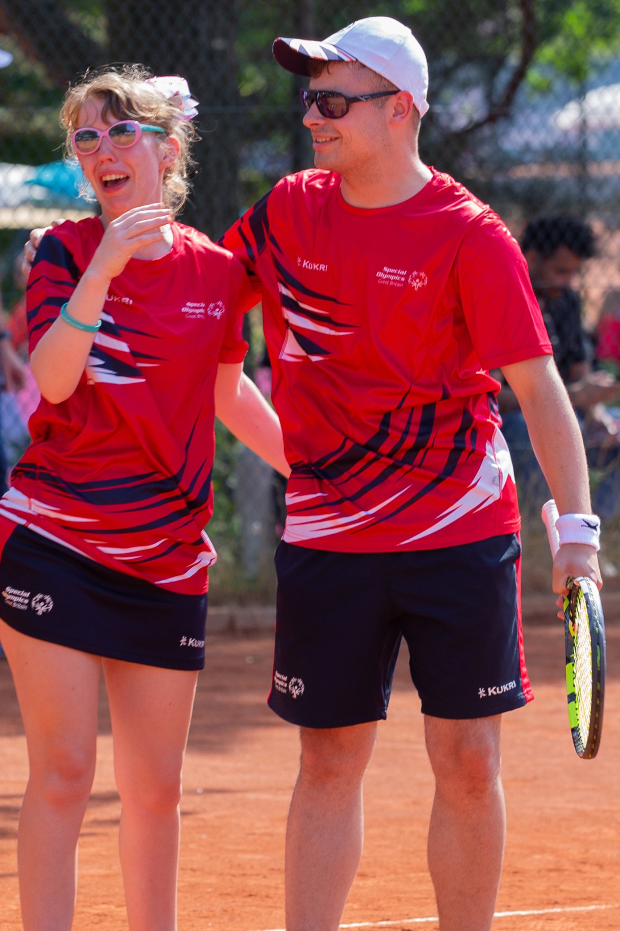 Great Britain's Emily Clarke (L) and Matthew Brough (R) celebrating after winning Bronze in the Mixed Doubles Level 6 at the 2023 Special Olympics, Berlin. 