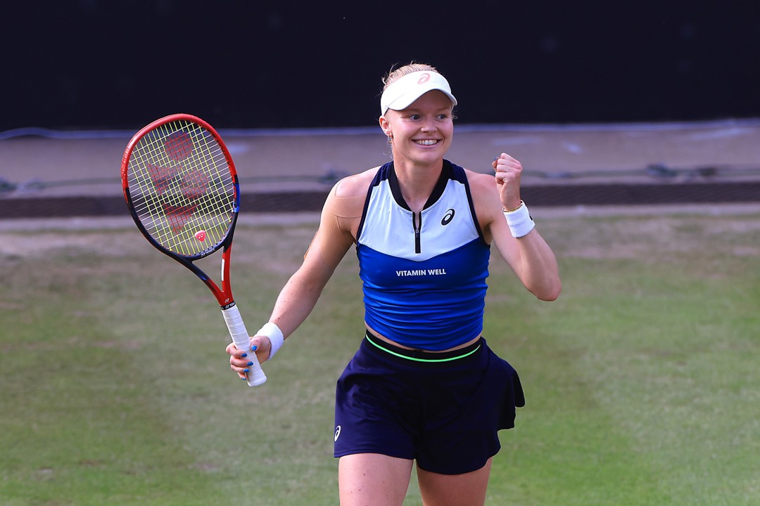 Harriet Dart celebrating during her match against the Ukraine's Anhelina Kalinina in the last 16 of the Rothesay Classic in Birmingham.