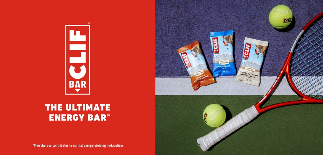 CLIF Bar logo with three energy bars, a racket and two balls laying down on court
