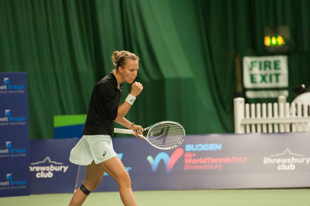 Viktorija Golubic celebrates winning a point at the Budgen W100 Shrewsbury
