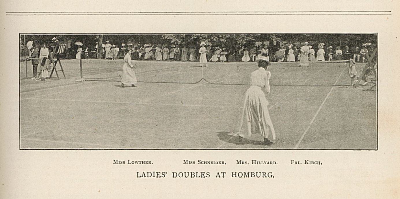 A black and white photo showing Toupie Lowther, standing at the net, playing doubles with Blacnhe Hillyard at the Homburg Cup in 1901