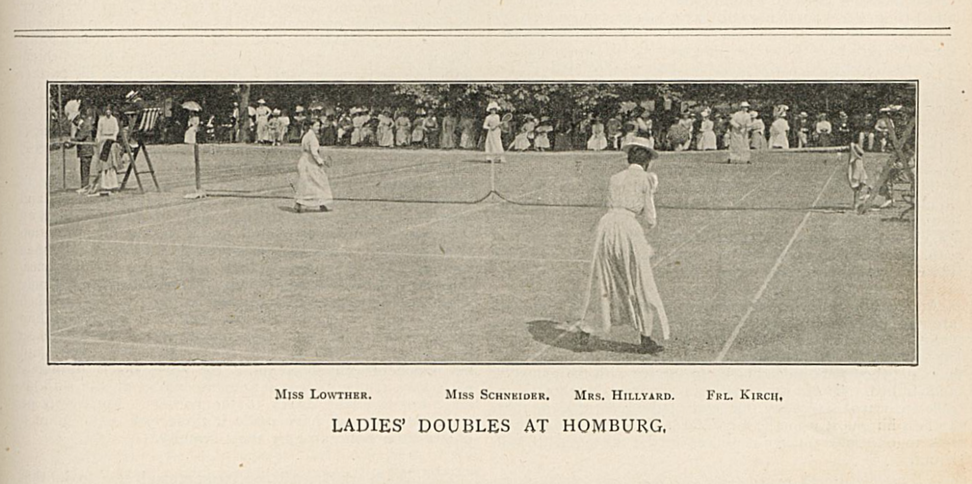 A black and white photo showing Toupie Lowther, standing at the net, playing doubles with Blacnhe Hillyard at the Homburg Cup in 1901