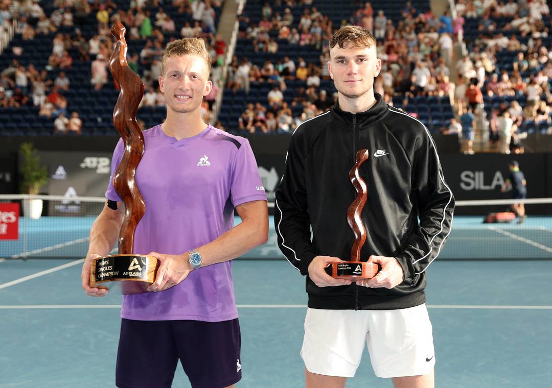 Jack Draper with his runner-up trophy at the Adelaide International with title-winner Jiri Lehecka