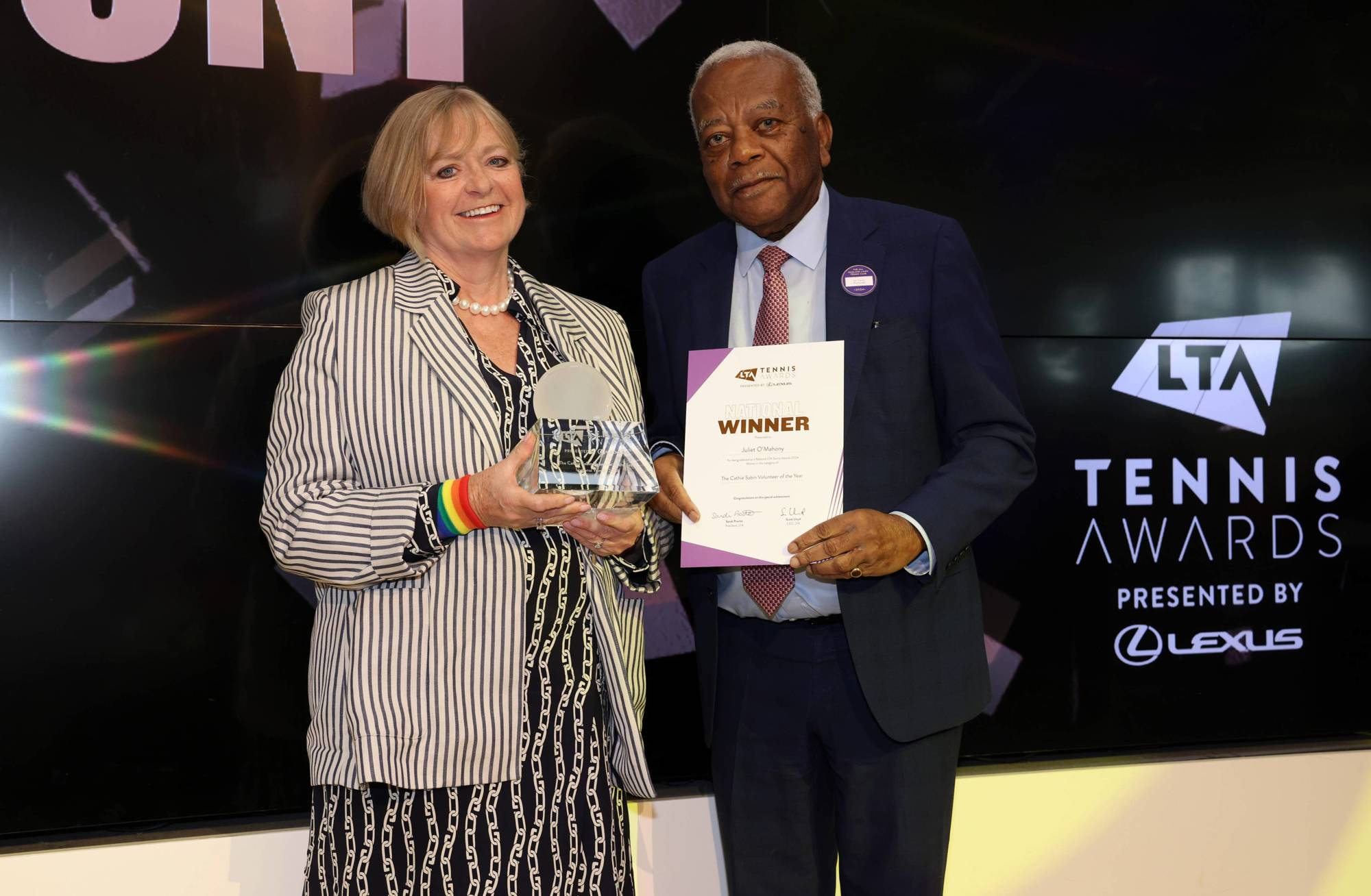 Cathie Sabin Volunteer of the Year Award Winner Juliet O'Mahony with Sir Trevor McDonald during the LTA Tennis Awards 2024