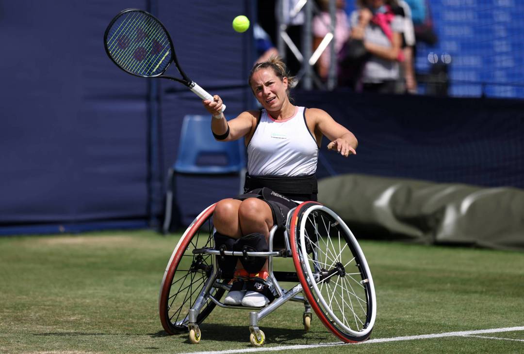 Lucy Shuker hits a forehand at the Rothesay International Eastbourne