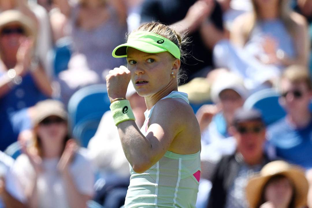 Harriet Dart celebrates taking a point off Marie Bouzkova in Eastbourne