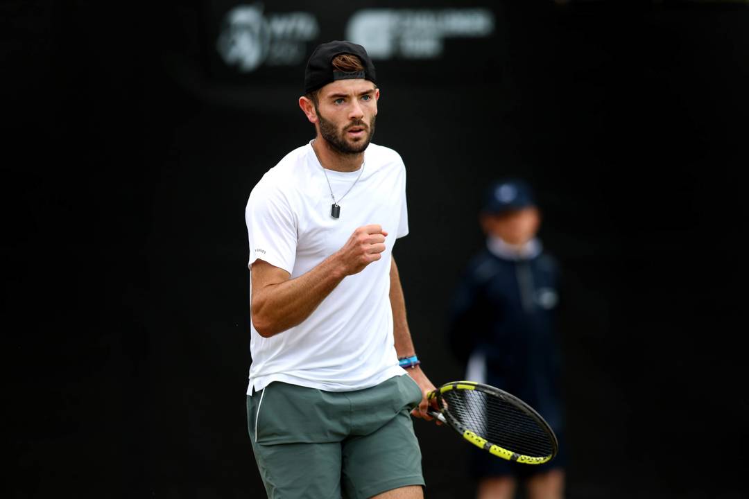 Jake Fearnley gives a fist pump during his first round match at the Rothesay Open Nottingham