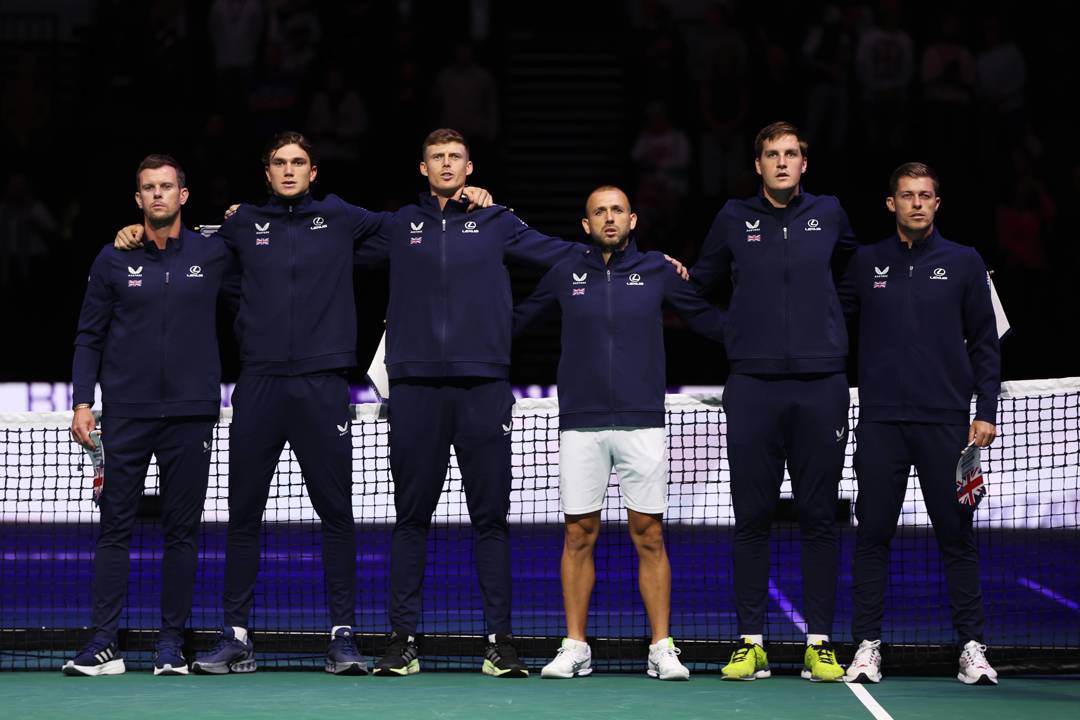 The GB Davis  Cup team lined up before the first match singing the anthem.