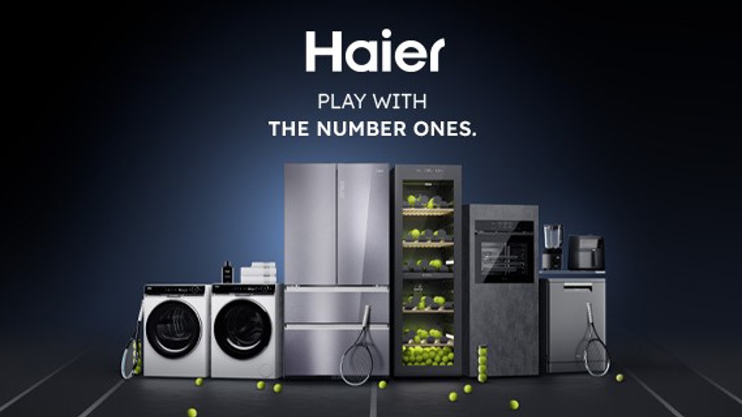 Haier graphic showing tennis balls and equipment with utilities products such as washing machines and fridges