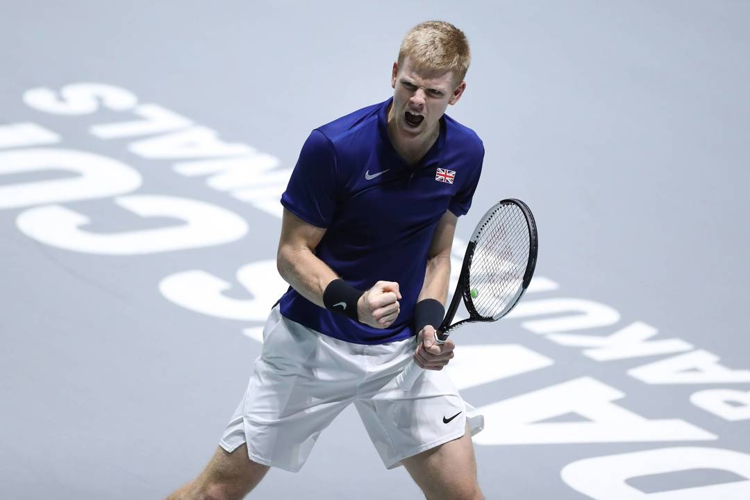 Lyle Edmund celebrates winning against Feliciano Lopez at the 2019 Davis Cup Finals