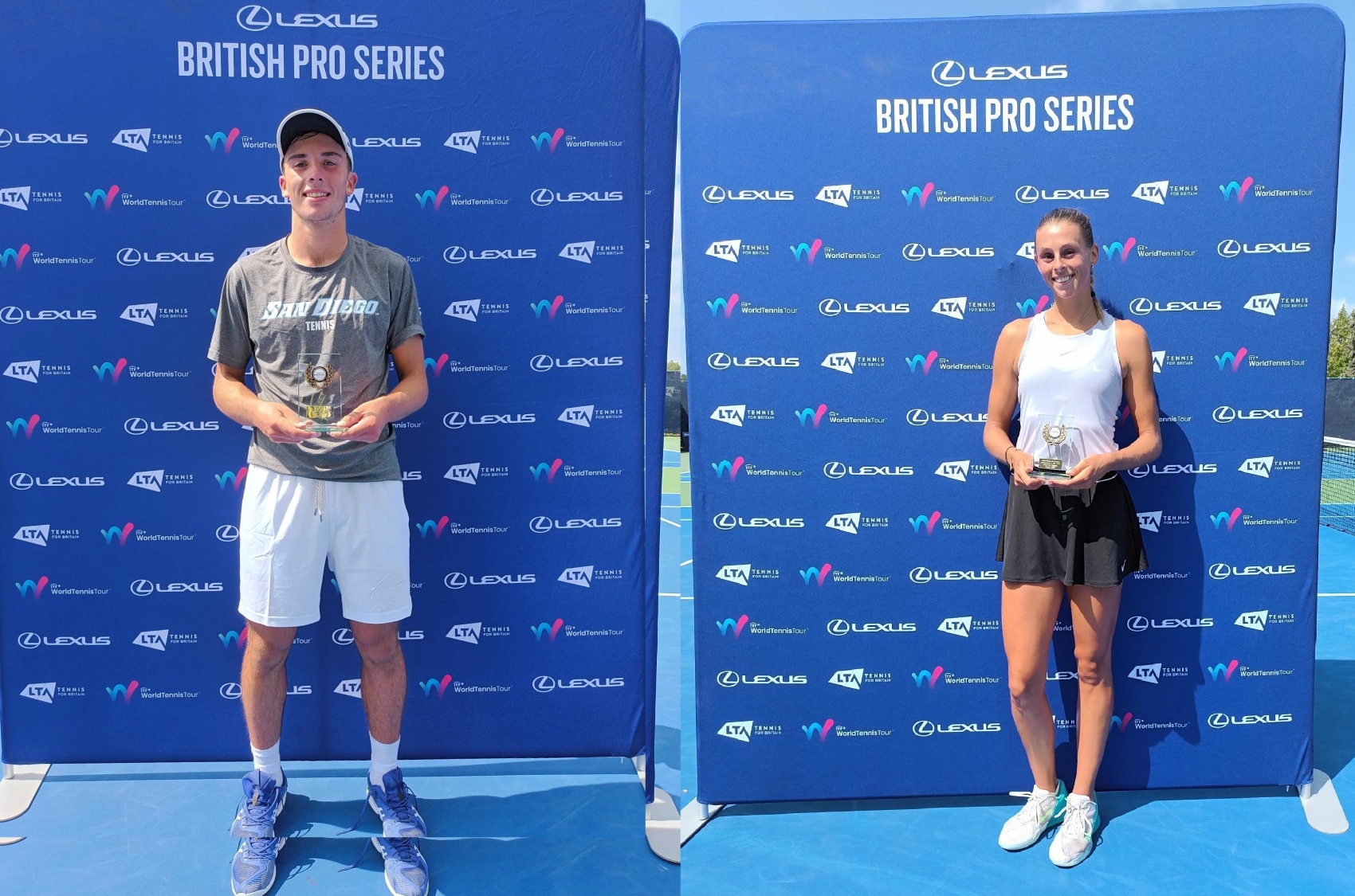 Two people, one man and one woman, stood holding glass trophies in front of a large blue board with small sponsor logos on it