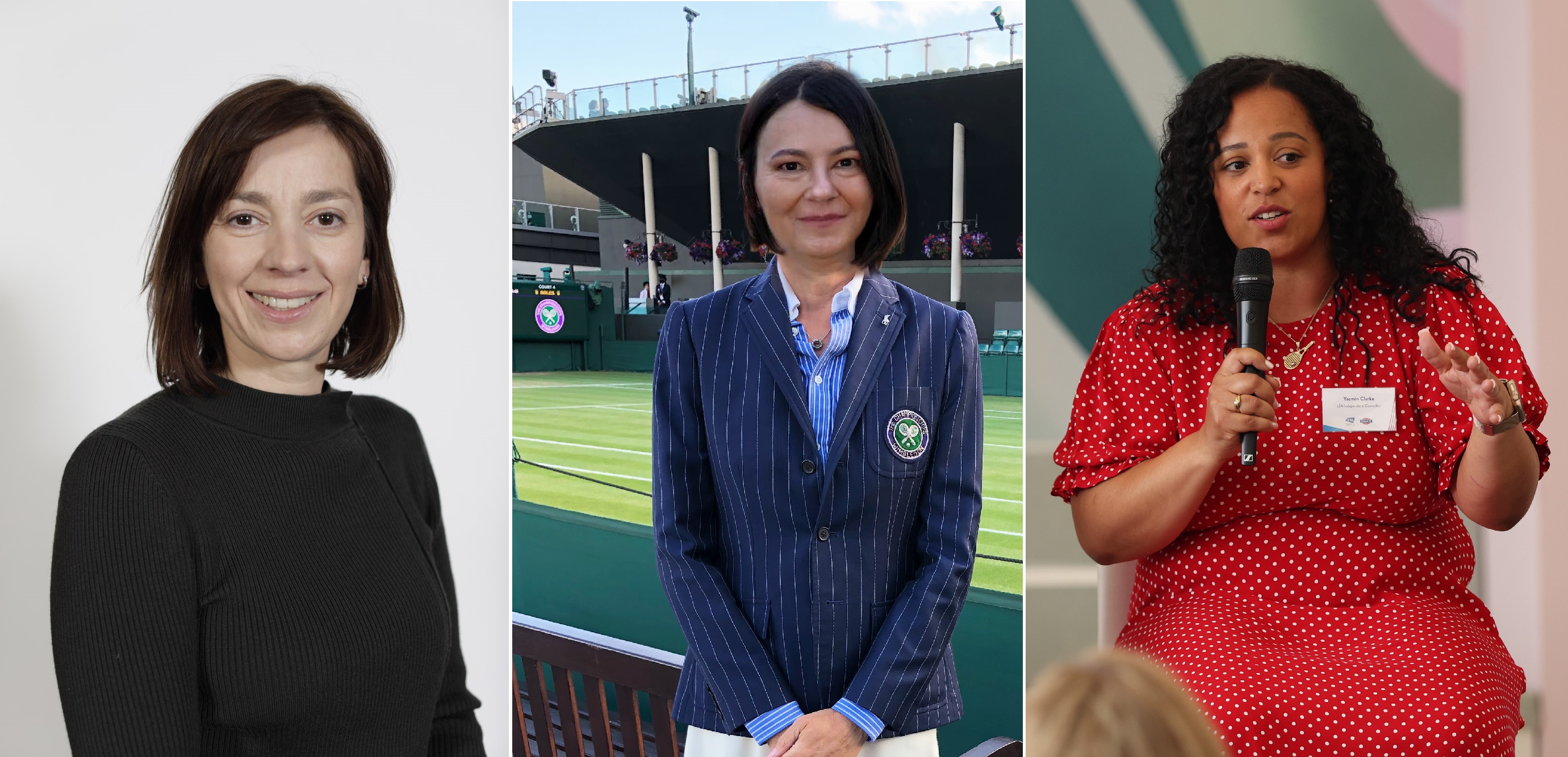 The headshots of three women grouped together: far left, a woman wearing a black jumper smiling; centre, a woman wearing a striped blue jacket and light blue striped shirt stands clasping her hands in front of her, in front of a tennis court; far right, a woman sits wearing a red dress with small white spots, holding a microphone
