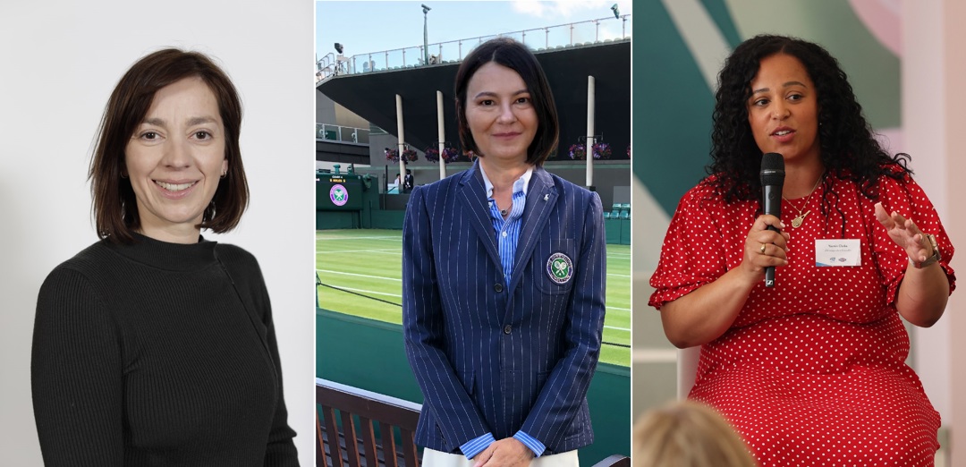 The headshots of three women grouped together: far left, a woman wearing a black jumper smiling; centre, a woman wearing a striped blue jacket and light blue striped shirt stands clasping her hands in front of her, in front of a tennis court; far right, a woman sits wearing a red dress with small white spots, holding a microphone