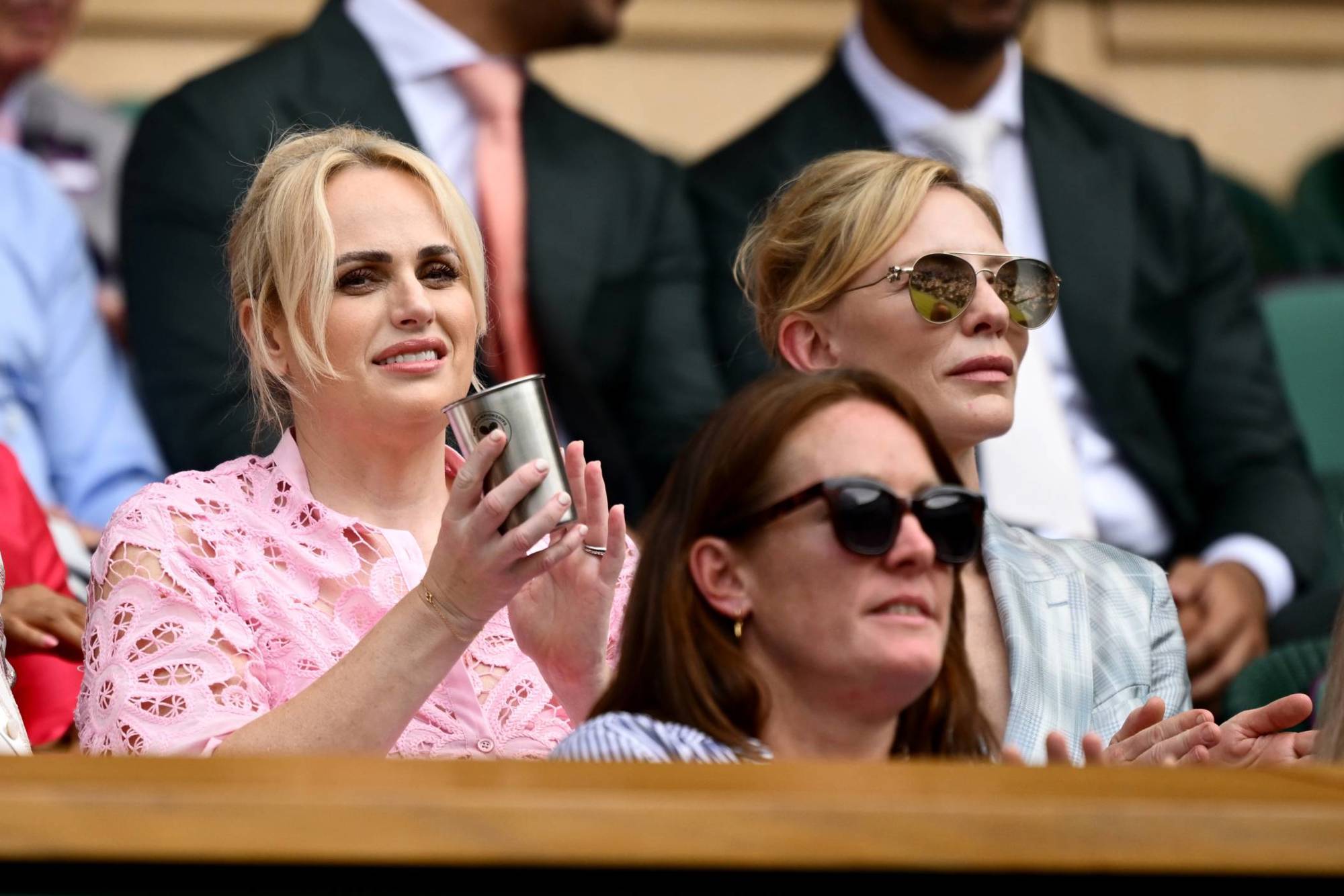 Actresses Rebel Wilson and Cate Blanchett are seen in the Royal Box prior to women's singles first round match 