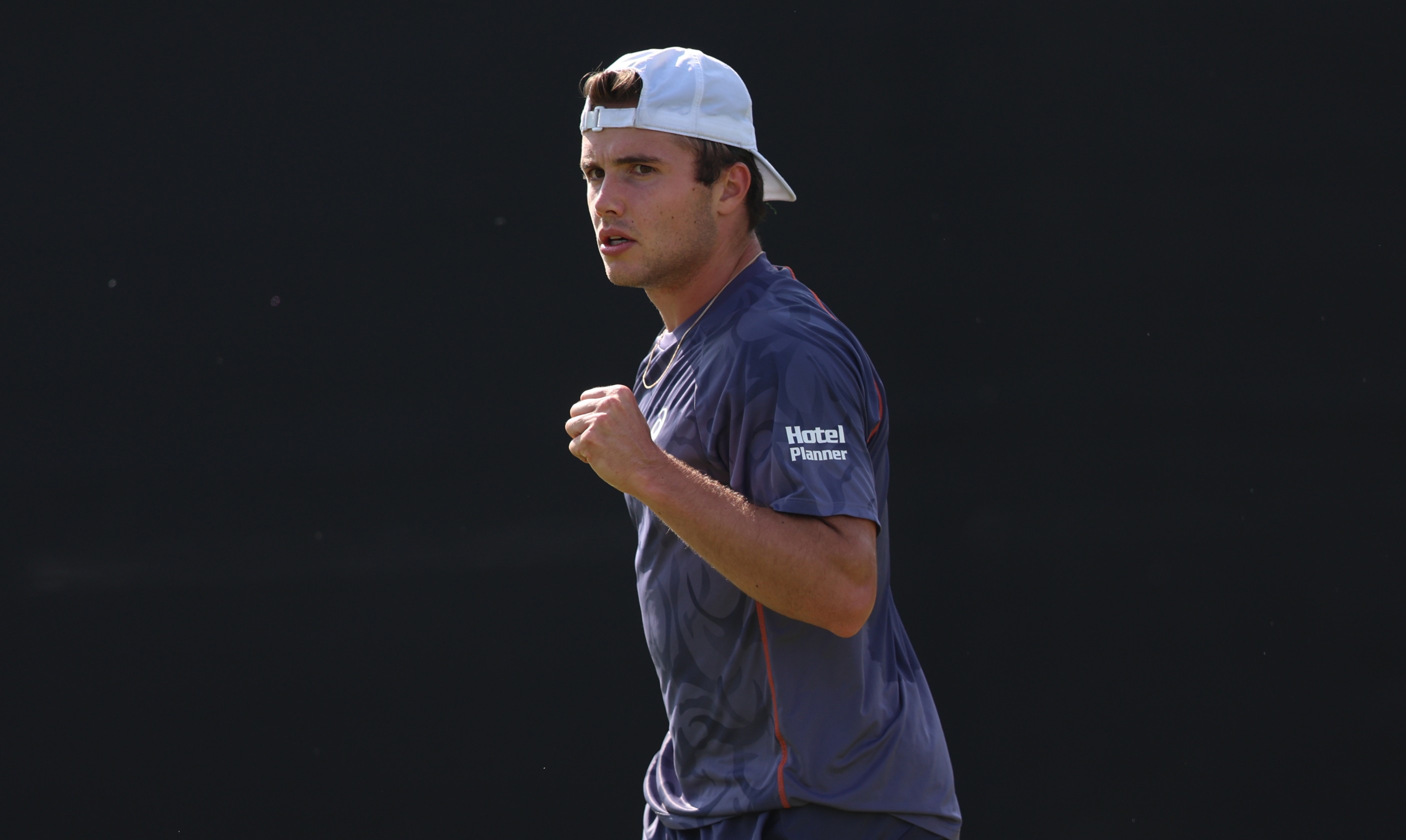 Arthur Fery gives a fist pump celebration at the Lexus Nottingham Open