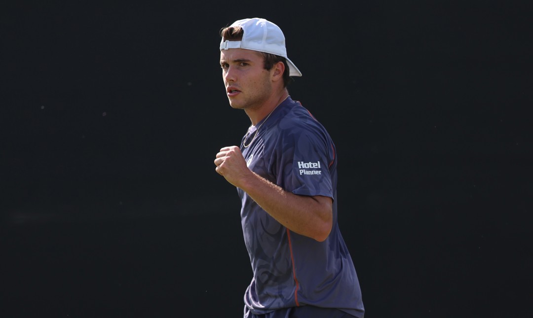 Arthur Fery gives a fist pump celebration at the Lexus Nottingham Open