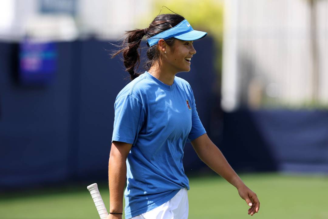 Emma Raducanu s,iling during practice at the Lexus Eastbourne Open