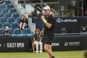 Henry Searle gives a fist pump in the opening round at the Lexus Ilkley Open