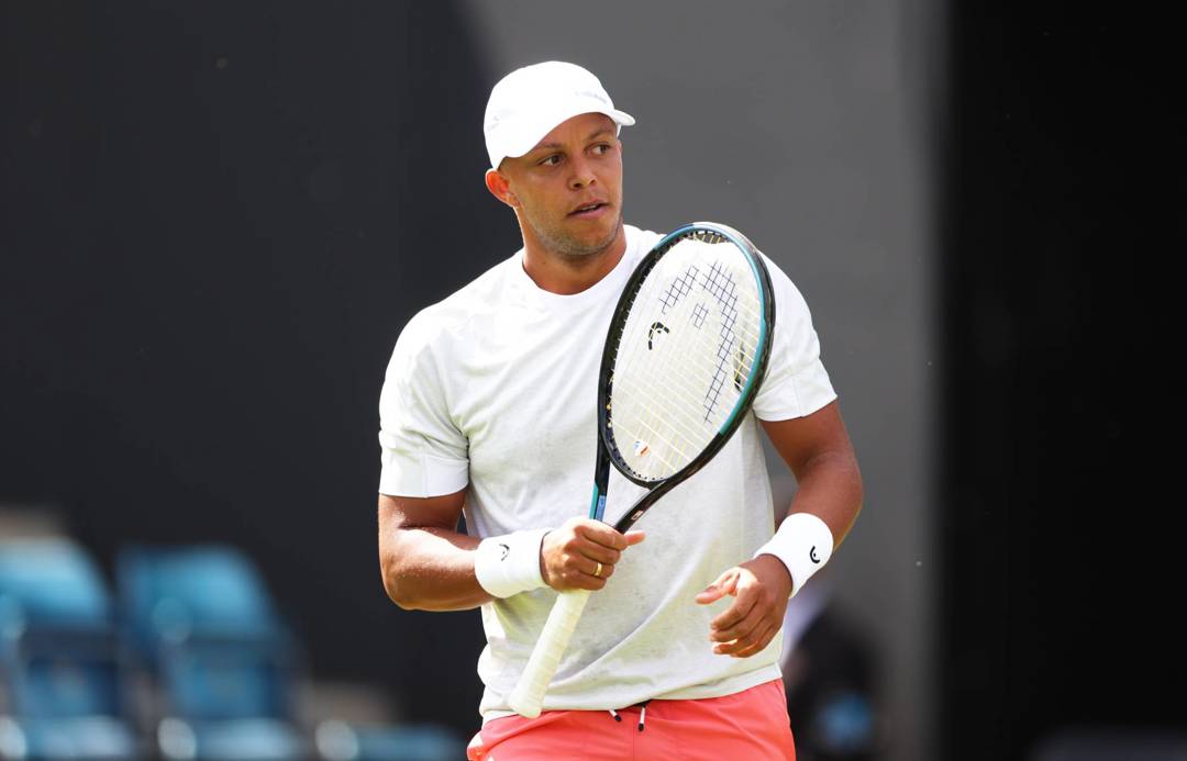 Jay Clarke celebrates winning a point in the opening round at the Lexus Birmingham Open