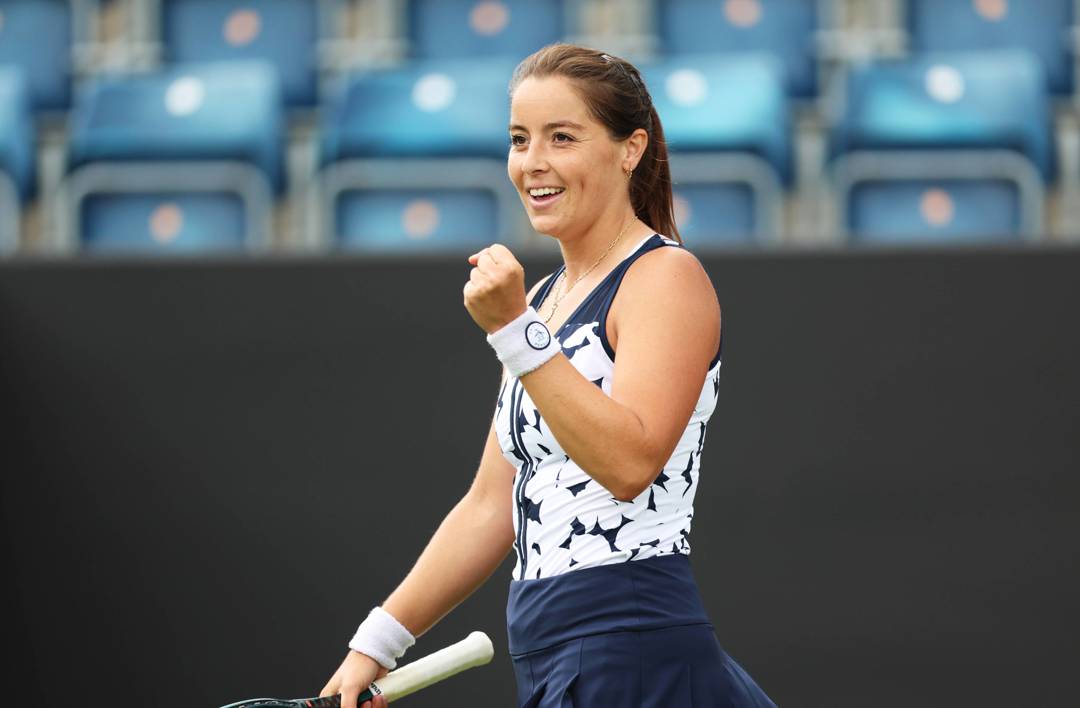 Jodie Burrage smiles and gives a fist pump after coming through the first round at the Lexus Birmingham Open