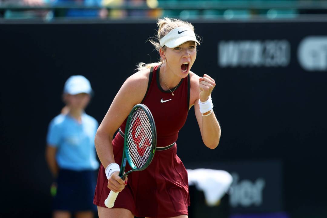 Katie Boulter roars in celebration after winning the first round at the Lexus Nottingham Open