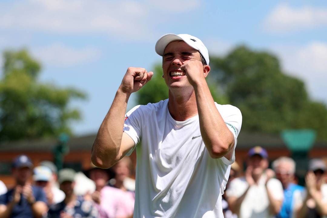 Britain's Oliver Tarvet celebrates a first round win at Wimbledon 2025