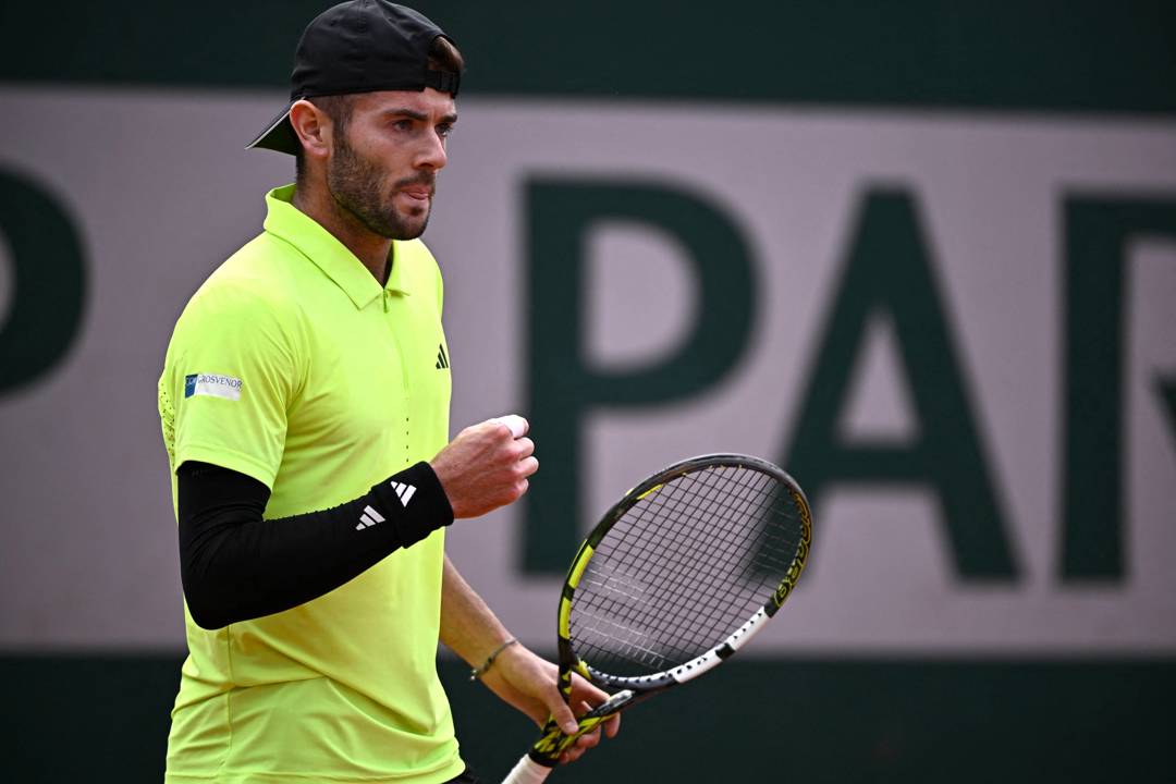 Jacob Fearnley gives a fist pump during his win over Stan Wawrinka at Roland Garros