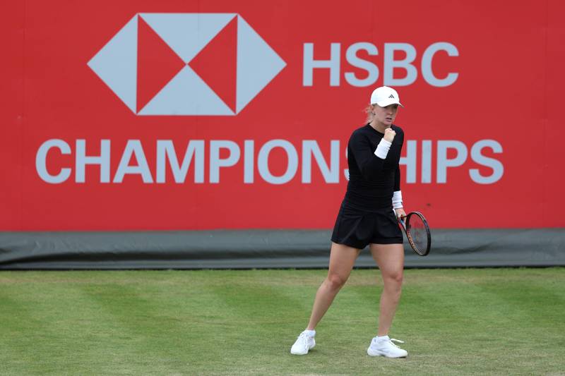 Britain's Francesca Jones gives a fist pump during a match at the HSBC Championships