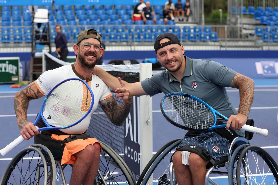 Australia's Heath Davidson and Britain's Andy Lapthorne smiling on court at the French Riviera Open