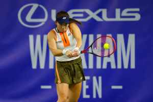 Lily Miyazaki hits a backhand at the Lexus Wrexham Open