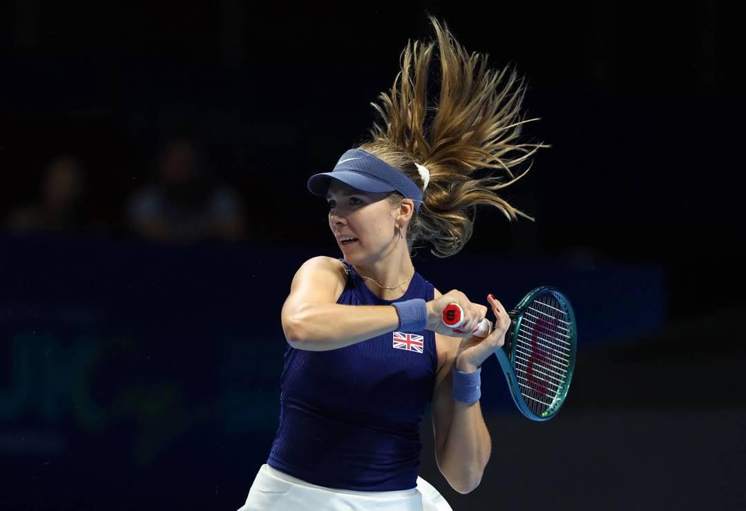 Katie Boulter hits a forehand in the Billie Jean King Cup Finals against USA
